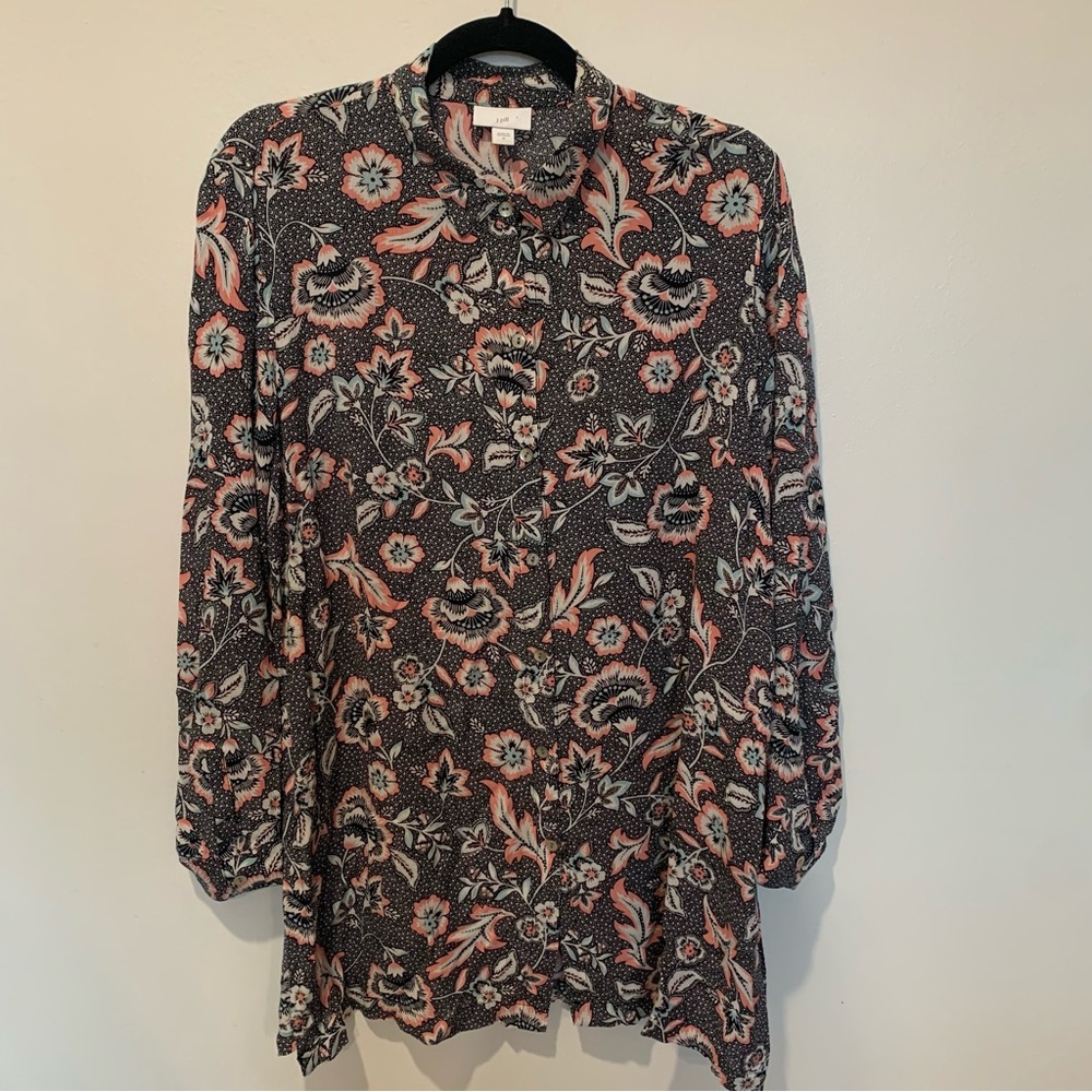 J. Jill Black and Peach Floral Shirt Dress Size M